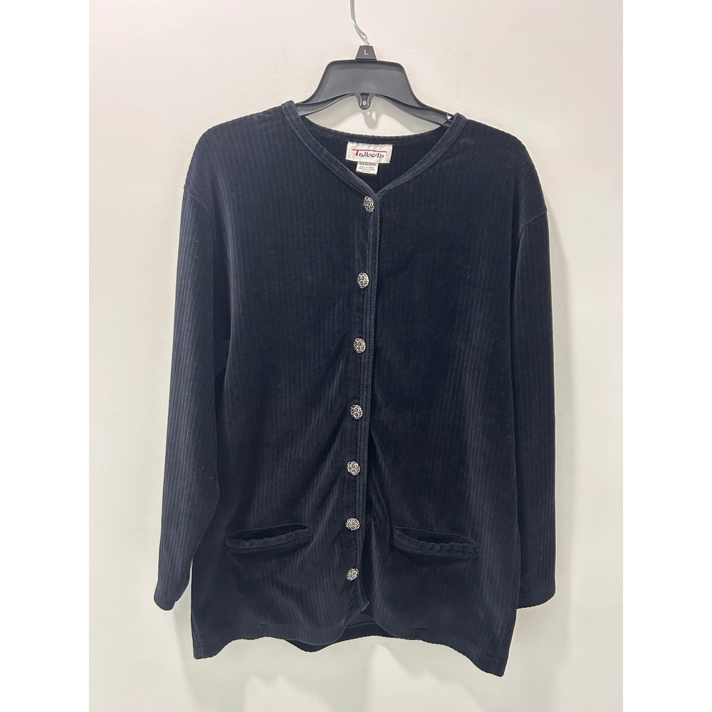 Talbots Vintage‎ Black Corduroy Cardigan Filigree Button Ribbed Jacket Womens L